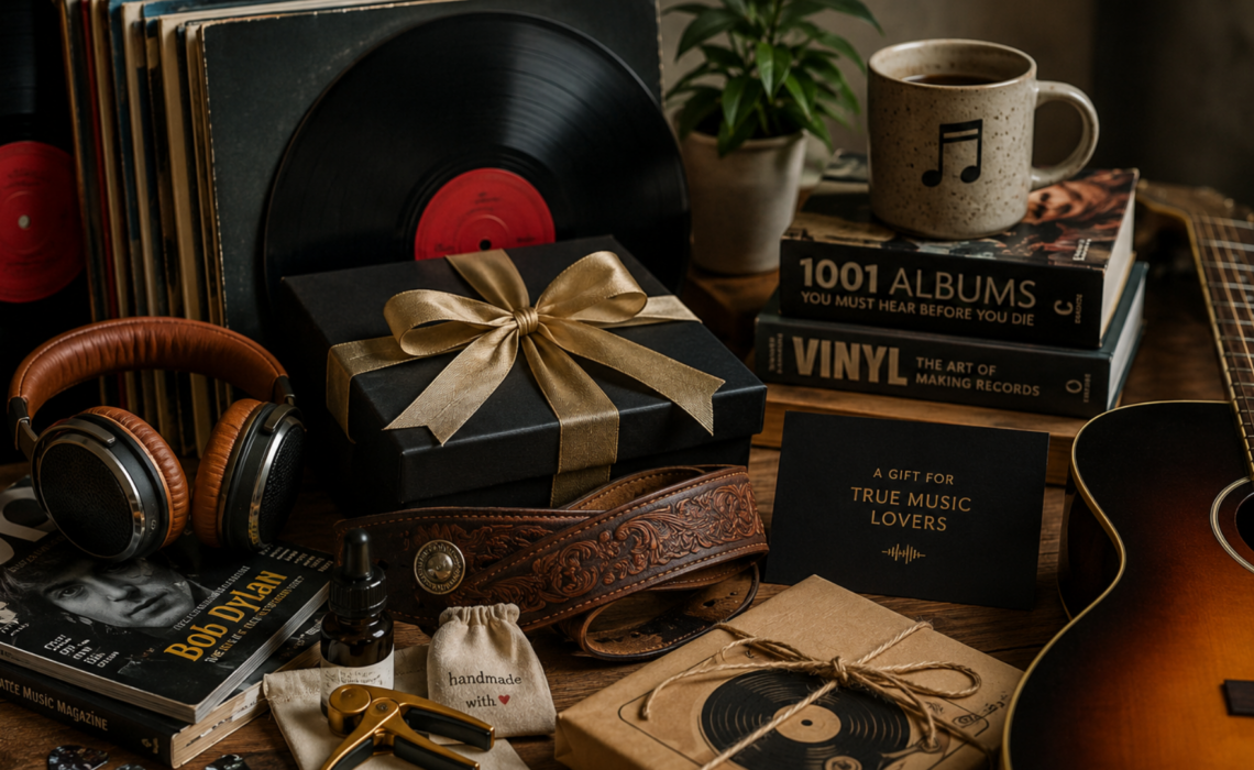 Unique gifts for music lovers displayed on a wooden table, featuring vinyl records, headphones, a guitar, handmade accessories, books, and wrapped gift boxes.