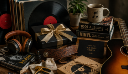 Unique gifts for music lovers displayed on a wooden table, featuring vinyl records, headphones, a guitar, handmade accessories, books, and wrapped gift boxes.