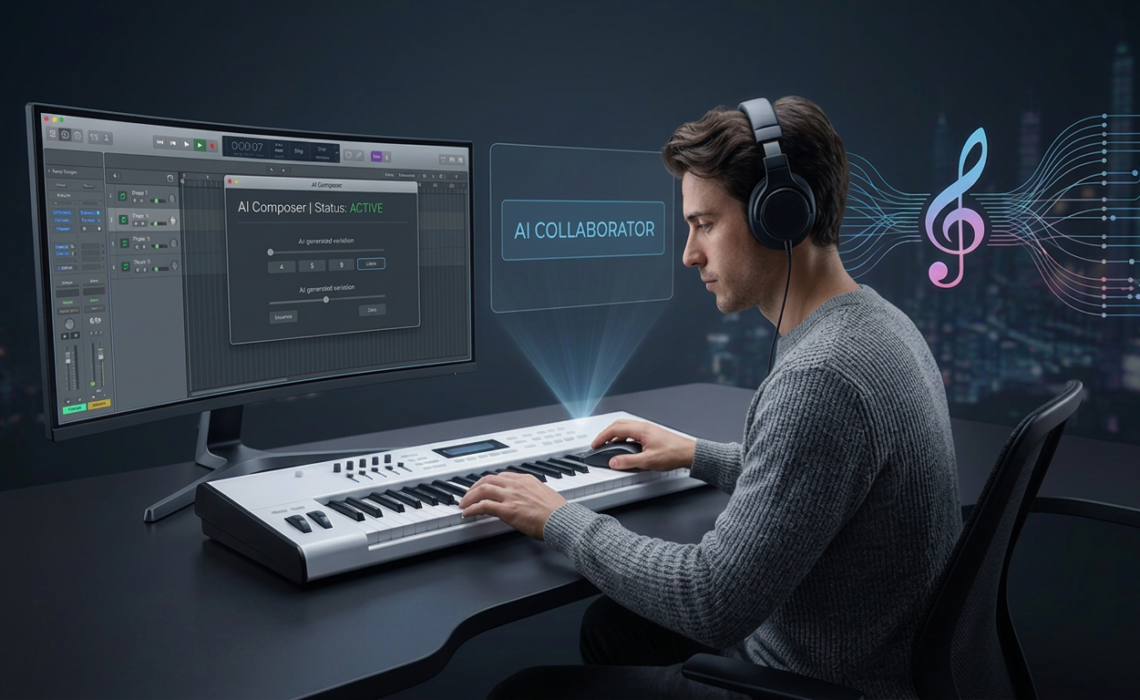 Person creating a song with an AI music generator, AI music maker, and digital keyboard while using music production software on a computer.