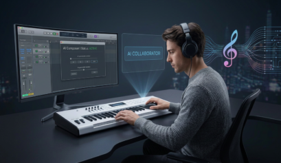 Person creating a song with an AI music generator, AI music maker, and digital keyboard while using music production software on a computer.