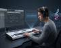 Person creating a song with an AI music generator, AI music maker, and digital keyboard while using music production software on a computer.