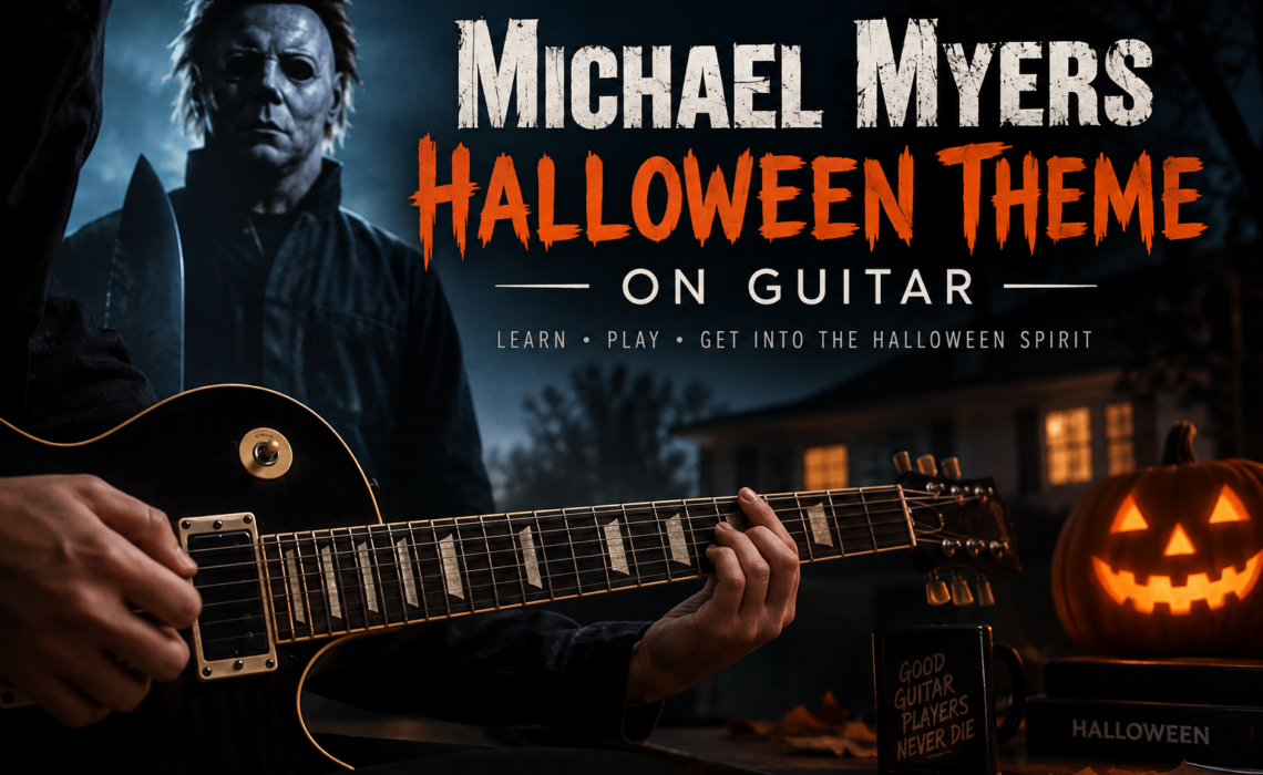 Michael Myers Halloween theme on guitar with an electric guitarist and spooky Halloween background.