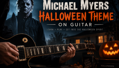 Michael Myers Halloween theme on guitar with an electric guitarist and spooky Halloween background.