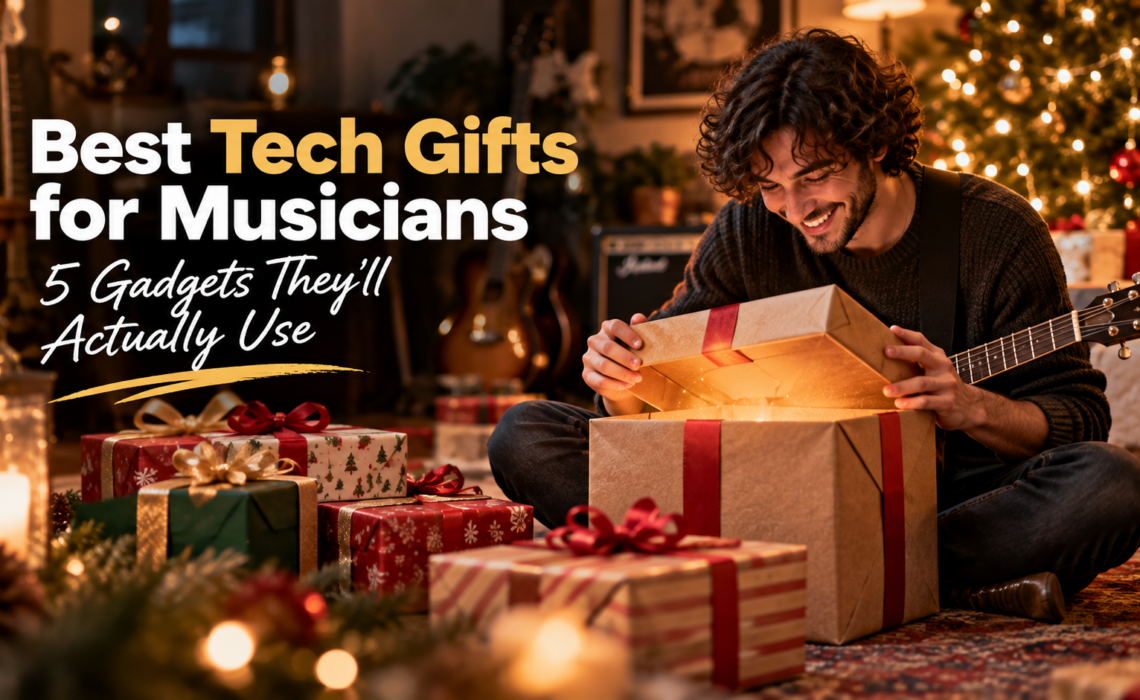 Musician opening a Christmas gift surrounded by presents and guitars, featuring the best tech gifts for musicians.