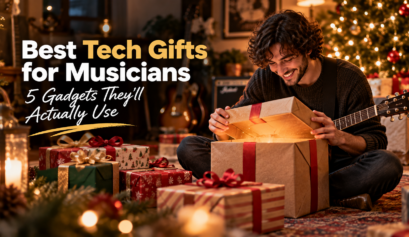 Musician opening a Christmas gift surrounded by presents and guitars, featuring the best tech gifts for musicians.