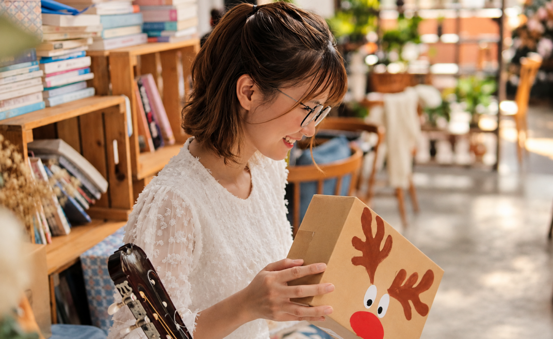 Female guitarist smiling as she opens a Christmas gift box, capturing the joy of receiving a thoughtful gift for a musician.
