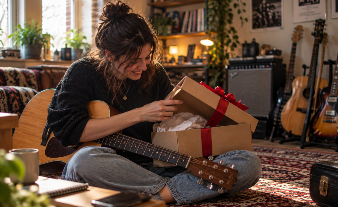 Female guitarist opening a Christmas gift box in a cozy home music studio, surrounded by guitars and musical equipment.