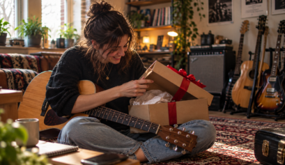 Female guitarist opening a Christmas gift box in a cozy home music studio, surrounded by guitars and musical equipment.